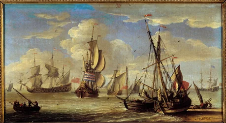 海の上の船とボート Paintrue by Abraham Storck (1635-1710) (ec.holl.) 17世紀 Sun.0,22x0,41m.
