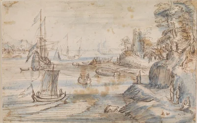 いくつかの船がある海岸の風景、いくつかの人物がいる高い海岸