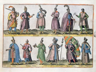 1581年にアントワープで出版された「ヨーロッパ、アジア、アフリカ、アメリカのさまざまな国の衣装」からの16世紀のハンガリーとポーランドの軍事服