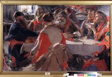 ティータイム（お茶を飲む）。 Abram Yefimovich Arkhipov (1862-1930) による絵画。 キャンバスに油彩、79 x 31 cm。 19世紀後半から20世紀初頭のロシア美術。 State B. Kustodiev Art Gallery、アストラハン（ロシア）。