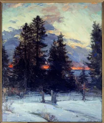 冬の風景に沈む夕日。アブラム・アルキポフ（1862-1930）による絵画。ロシア