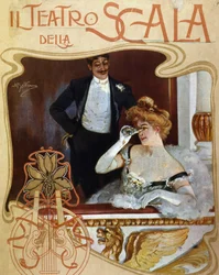 スカラ座の楽屋にいるカップル。若い女性は双眼鏡でその様子を観察している。イラスト：Achille Beltrame