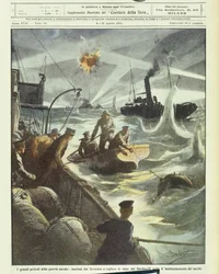 第一次世界大戦（1914-1918）で、トルコ軍の砲撃を受けながら地雷を除去しようとする連合軍の船員たち（リトグラフ