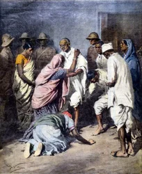 マハトマ・ガンジー（1869-1948）の逮捕。Ill. de Achille Beltrame.La Domenica del Corriere.1932