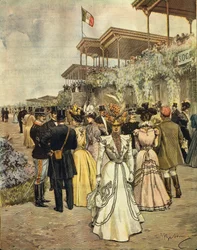 サン・シーロ（ミラノ）の競馬場にて、アキレ・ベルトラメ（1871-1945）作、1899年6月4日付「ラ・ドメニカ・デル・コリエール」より。