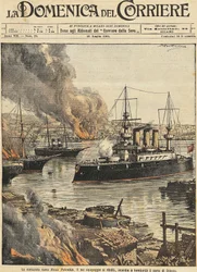 オデッサを砲撃する戦艦ポチョムキン（イラスト、Achille Beltrame）（1871-1945）（『ラ・ドメニカ・デル・コリエール』より