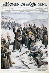 東プロイセンにおける第10ロシア軍の敗北。腕を上げて降伏するロシア兵（Achille Beltrame（1871-1945）作、1915年2月28日〜3月7日のLa Domenica del Corriereより引用