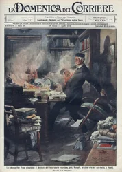 ナポリの研究室で死去 ジュゼッペ・メルカリ（1850 -1914）イタリアの地震学者、火山学者。"La domenica del corriere "にアキレ・ベルトラーメが描いたイラスト。1914.