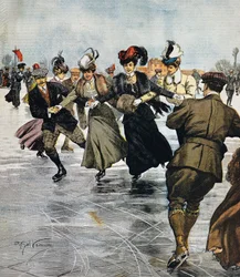 流行の娯楽、アイススケート、Achille Beltrame（1871-1945）のイラスト、「La Domenica del Corriere」1月27日号より。