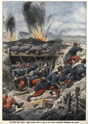 1914年の戦争のエピソード。塹壕の中のフランス軍が敵の爆撃を受ける。"La Domenica del Corriere"