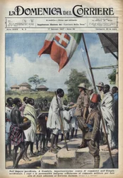 1937年のファシズム。エチオピア帝国の貿易の中心地であるガンベラで、イタリア政府への加盟を目的とした先住民族の首長や著名人の会合。17-01-19「La domenica del corriere」に掲載されたAchille Beltrameのイラスト