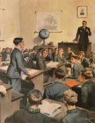 識字率との闘い、学校に通う子どもたち イラストレーター アキレ・ベルトラメ（1871-1945）『ラ・ドメニカ・デル・コリエール』より