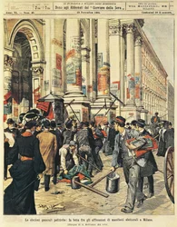 ミラノでの総選挙：政治ポスターを掲げる人々の対立（Achille Beltrame（1871-1945）著、『La Domenica del Corriere』より