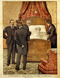 瀕死のジュゼッペ・ヴェルディ（1813-1901）、アキレ・ベルトラーメ（1871-1945）のイラスト。イタリア、20世紀