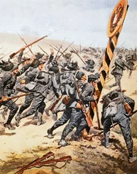 オーストリアの国境を越えるイタリア兵、Achille Beltrame（1871-1945）作、1915年6月のLa Domenica del Corriereに掲載されたイラスト。
