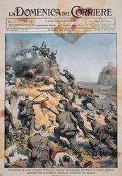 エチオピアの大地を進むイタリア軍（10月20日付「ラ・ドメニカ・デル・コリエール」掲載のイラスト