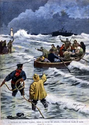 ローヌ河口付近での蒸気船プラニエ号の沈没事故：救助隊が乗客を連れ戻すイラスト：ベルトラメLa Domenica del corriere.1901.