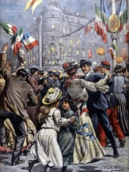 パリのイタリアの支配者たち：街角での大衆的な舞踏会。イラスト：ベルトラメLa Domenica del corriere.1903.