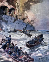 アリカンテで起きた蒸気船ヴィットリア号の火災。イラスト：ベルトラメLa Domenica del corriere.1899.