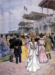 ミラノ：サンシーロ競馬場での競馬：Premio del commercio（貿易賞）を受賞。イラスト：ベルトラメLa Domenica del corriere.1899.