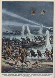 日中戦争（1937-1945）。"日本軍は中国の爆撃を受けながら、平昌の近くで胡桃川を渡る。"1937年10月17日の "La domenica del corriere "に掲載されたAchille Beltrameのイラスト。