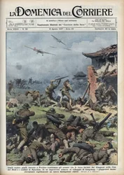 日中戦争（1937年～1945年）：北京付近で日本軍と中国軍の兵器が衝突し、日本軍は中国軍の大隊を瞬く間に全滅させた。1937年8月8日の "La domenica del corriere "に掲載されたAchille Beltrameのイラスト。