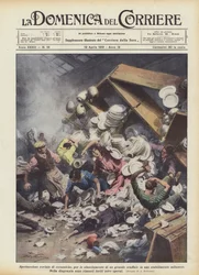 陶器の壮大な廃墟、ミラノの工場の大きな棚の崩壊による