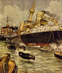 ガリポリ付近で座礁した戦艦「アンドレア・ドーリア」（Achille Beltrame（1871-1945）作、「La Domenica del Corriere」より）。