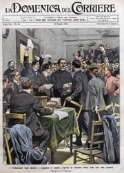 1905年のロシア革命の後、ロンドンの会議場に到着したマキシム・ゴーリキの姿。1907年5月26日のLa Domenica del Corriereの表紙。