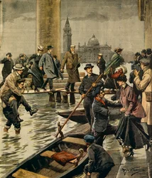 ヴェネツィアのサン・マルコ広場の高潮現象（Achille Beltrame（1871-1945）作、『La Domenica del Corriere』より）。