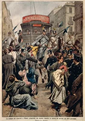 ミラノのトラムストライキ、イラスト、Achille Beltrame（1871-1945）、La Domenica del Corriereより。
