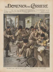 故郷への悲しい帰国、満州から帰国したロシア人兵士が駅のレストランで飢えている