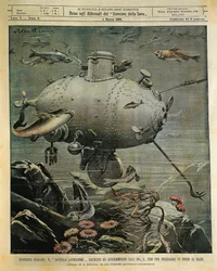 海底を探索するための海中船（Achille Beltrame（1871-1945）のイラスト）（「La Domenica del Corriere」3月1日号より