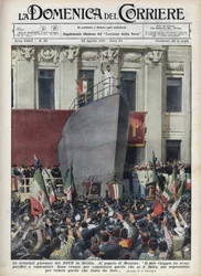 ベニート・ムッソリーニ公爵のシチリア旅行中のメッシーナ訪問。1937年8月22日の "La domenica del corriere "に掲載されたAchille Beltrameのイラスト。