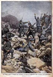 第一次世界大戦。カルソ台地（トレンティーノ）のイタリア戦線と地下の囚人たち"Domenica del Corriere".07/1917（リトグラフ