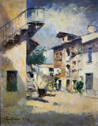 Interior of rustic courtyard, by Achille Cattaneo (1872-1931). Italy, 20th century.   1462876   ja       japanese Successfully Translated  Original: Little Red Riding and the Wolf dressed as her grandmother. Translat: Little Red Riding and the Wolf dressed