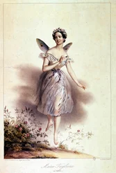 マリー・タリオーニ (1804 - 1884)、バレリーナ、シルフィードで表される - Achille Deveria (1800 - 1857) によるイラスト
