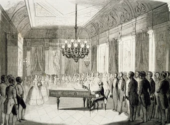 Noite musical com piano, de Achille Deveria (1800-1857), gravura, França