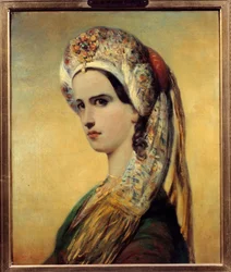1838年、ジャン・ラシーヌの戯曲「バジャゼット」でロクサーヌ役を演じた女優、エリザベート・フェリックス（マドモアゼル・レイチェル）（1821-1858）の肖像」 アシール・デヴェリア（1800-1857）による絵画 1838年、パリ、コメディ・フランセーズ社
