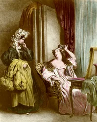 トイレ：侍女を連れた優雅な若い女性 アキレス・デヴェリア（1800-1857）によるリトグラフ 19世紀 コレクション・パルティキュリエール