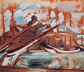 港のシーン、Othon Friesz (1879-1949) 作、厚紙に油彩、54x65 cm。 フランス、20世紀。