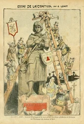 『ル・ペルラン』掲載、アシル・ルモ（1846-1909年）による挿絵、05/05/07 - 世俗化の試み - 反フリーメイソン、フリーメイソン、宗教、信仰、カトリック - 世俗化、政教分離、世俗主義者 - ジャンヌ・ダルク - 縮尺の変更