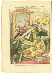 Le Pèlerin掲載、アシール・ルモ（1846-1909）による挿絵、23/05/09 - 蛇とやすり - 反フリーメーソン主義、宗教と信仰、キリスト教の十字架、ラ・フォンテーヌほかの寓話、カトリック教 - 世俗化、政教分離、平信徒 - 蛇 - 動物化