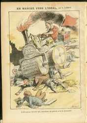 Achille Lemot (1846-1909)によるイラスト（Le Pelerin, 27/05/06） - 理想への行進 - 社会, 自動車, 死体, 革命, 赤旗, 経済, 社会主義, 空気圧, パンク