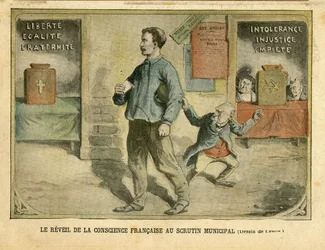 Achille Lemot (1846-1909)のイラスト（Le Pelerin, 01/05/04） - Le awakening de la conscience francaise au vote municipal - Elections, Religion Faith, Bloc des lefts, Catholicism Catholique - Laicisation Laicite Lois laiques - Combes Emile (1835-1921)