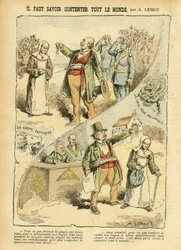 Achille Lemot (1846-1909)のイラスト（Le Pelerin, 03/09/05） - Il faut savoir savoir contenter tout monde - Anticlericalism, Antimaconism Freemaking, Religion Faith, Medal, Bloc des lefts, Catholic カトリック - Evictions de religieux, Laicisation Lai