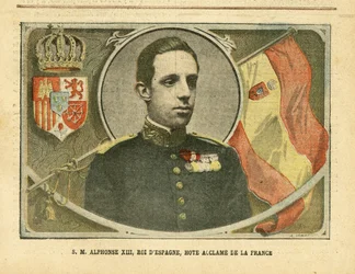 Achille Lemot (1846-1909)のイラスト、Le Pelerin, 04/06/05 - スペイン国王アルフォンソ13世陛下、フランスのHote Acclame - スペイン, 君主制, 国旗, 外国の主権者 - Alfonso XIII