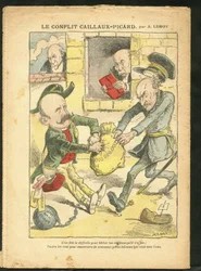 Achille Lemot (1846-1909)のイラスト（Le Pelerin, 07/03/09） - Caillaux-Picardの対立 - 税制、所得税 - Combes Emile (1835-1921), Clemenceau George, Caillaux Joseph (1863-1944)