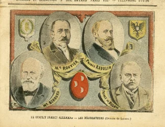 ル・ペルラン誌、09/07/05掲載、アシル・ルモー（1846-1909）による挿絵 - フランスとドイツの対立、交渉担当者たち - 植民地化、植民地主義、植民地、ドイツ、プロイセン、モロッコ、フランス、タンジェ - モーリス・ルーヴィエ（1842-1911）、ベルンハルト・フォン・ビューロー（1849-1929）、ラド