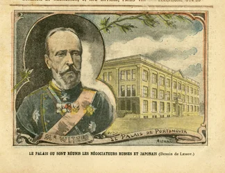 ル・ペルラン誌、20/08/05掲載、アシル・ルモー（1846-1909）による挿絵 - ロシアと日本の交渉担当者が集う宮殿 - ロシア、日本、日露戦争、ポーツマス - セルゲイ・ウィッテ（1849-1915）